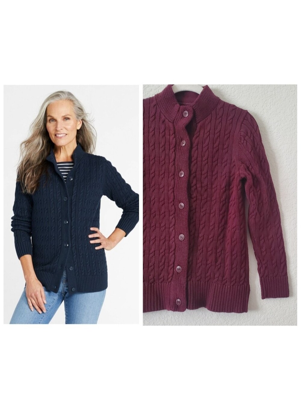 L.L. Bean Double L Cable Knit Preppy Fisherman Plum Cotton Cardigan XS Petite
